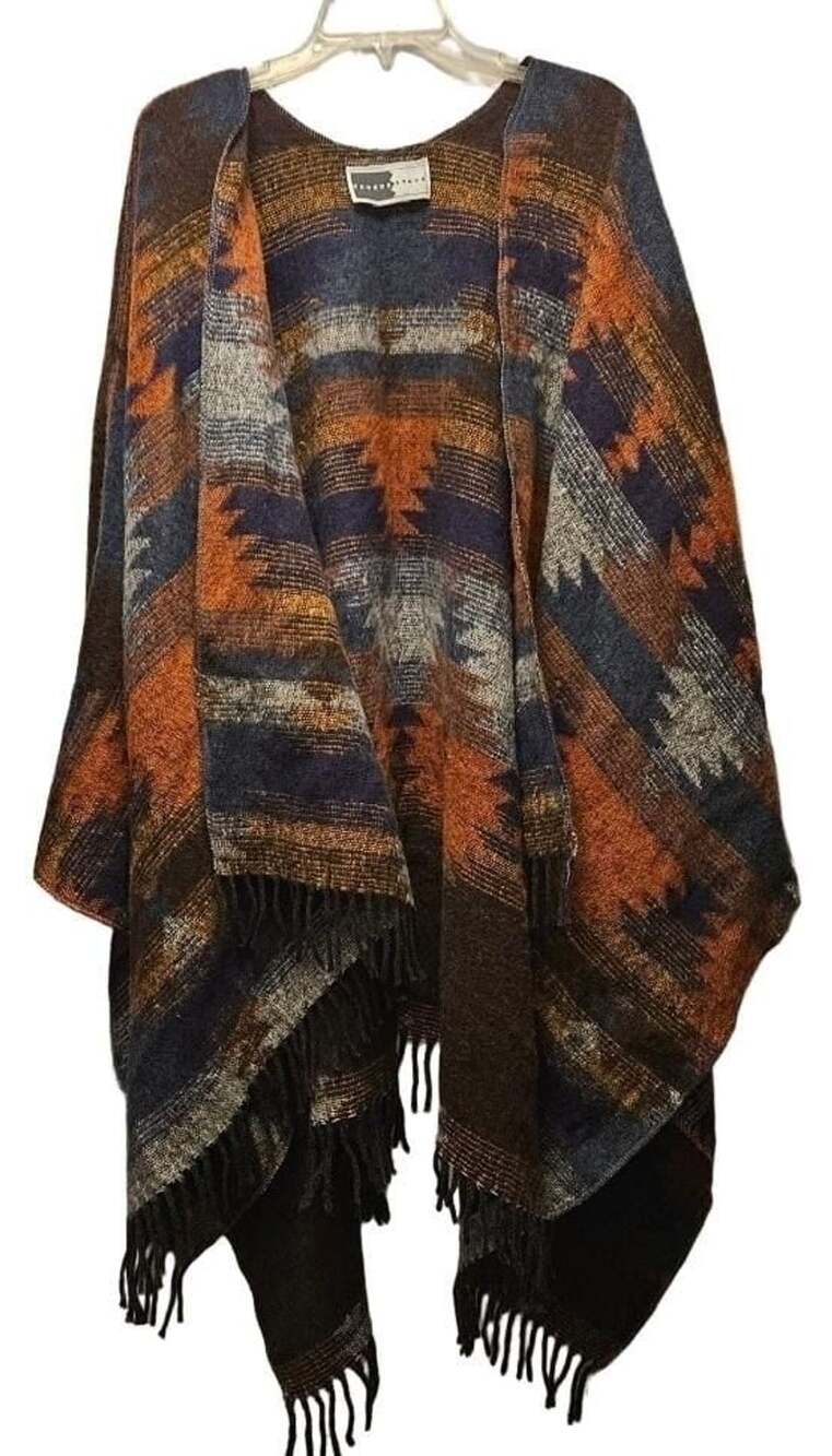 Vintage Rhonda Stark USA Made Southwestern Aztec Wool Blend Poncho Cape EUC